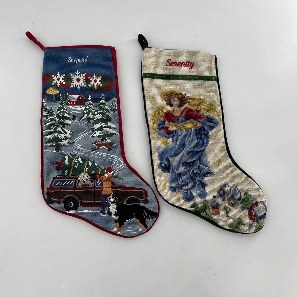 2 Vintage Needlepoint Christmas Stocking Angel‎ & Tree Farm Wagon Dogs READ